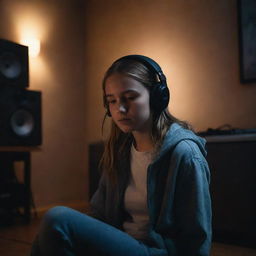 A young girl lost in the rhythm of music, wearing a pair of headphones, sitting in a dimly lit, atmospheric room with ambient light accents.