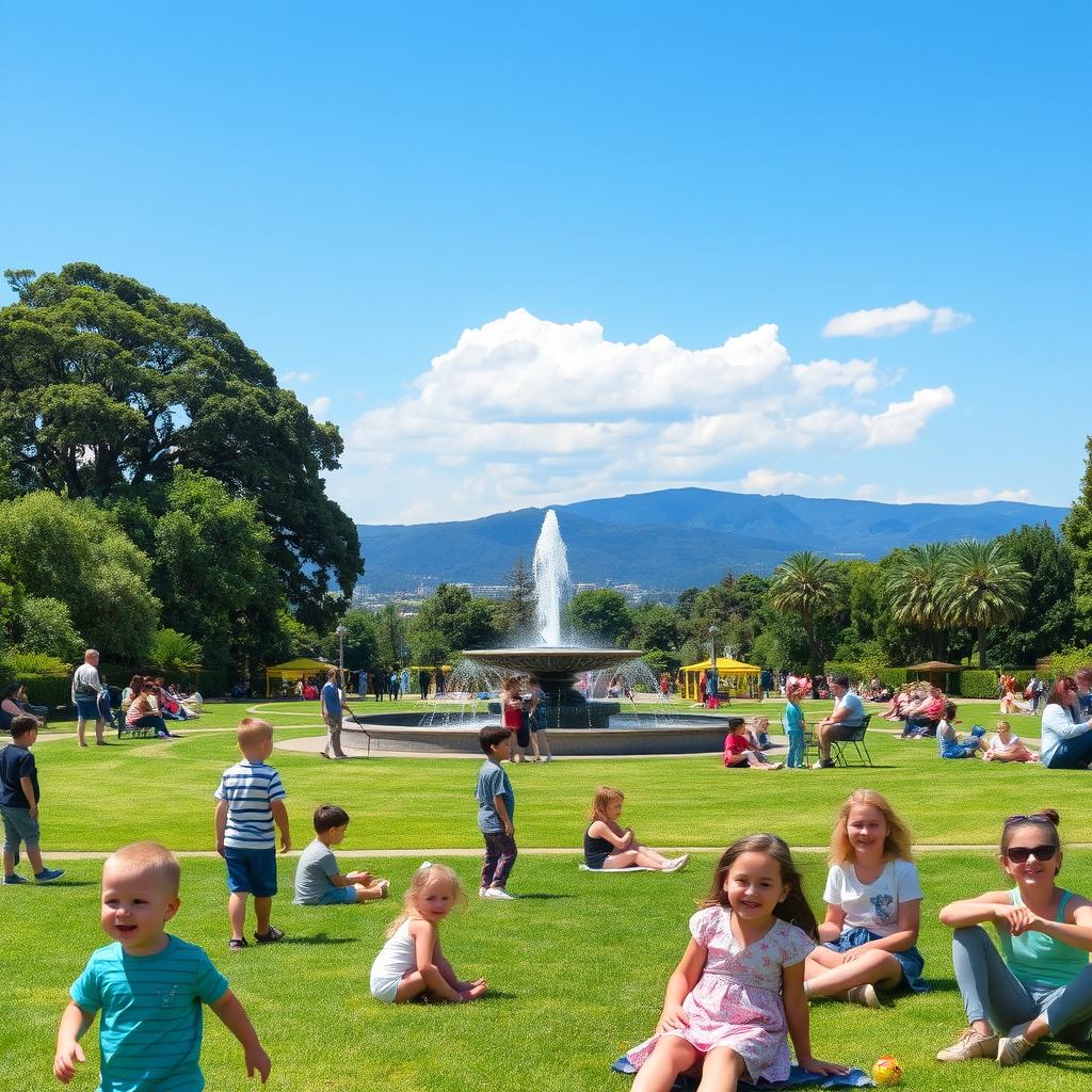 A serene park scene with children playing, families having picnics, and people enjoying the outdoors