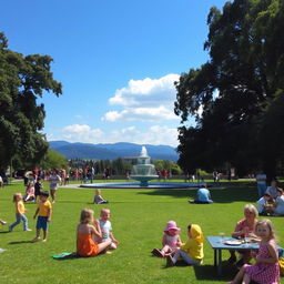 A serene park scene with children playing, families having picnics, and people enjoying the outdoors