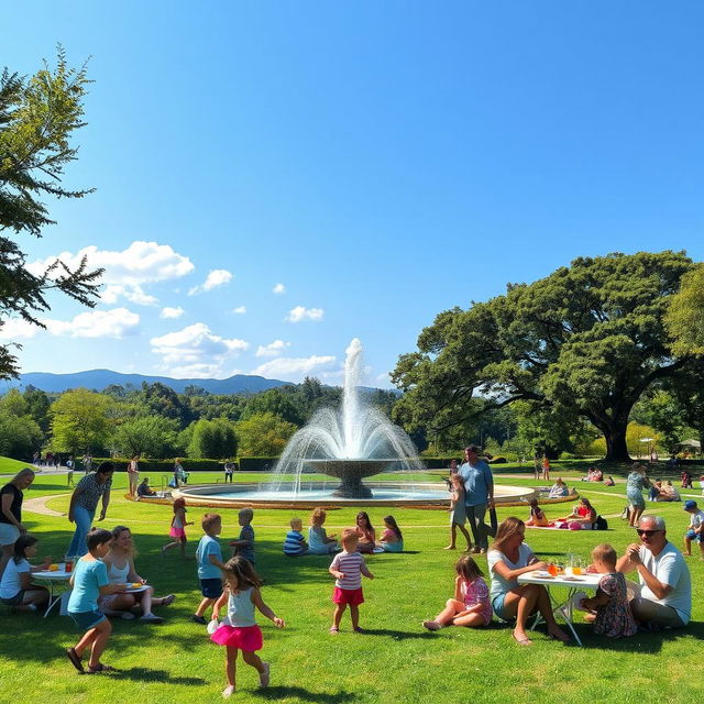 A serene park scene with children playing, families having picnics, and people enjoying the outdoors