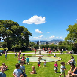 A serene park scene with children playing, families having picnics, and people enjoying the outdoors