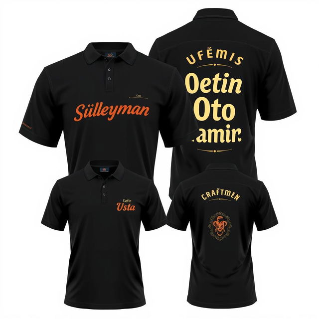 Create 3-4 different design options for a black collared t-shirt, featuring 'Süleyman Usta' printed on the upper left front and 'Çetin Oto Tamir' on the back