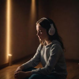 A young girl lost in the rhythm of music, wearing a pair of headphones, sitting in a dimly lit, atmospheric room with ambient light accents.