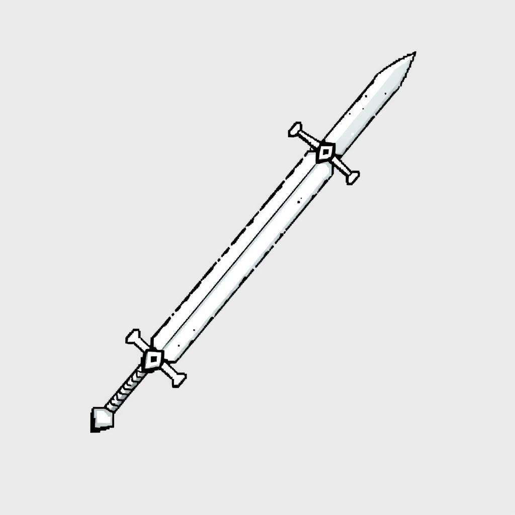 A pixel art sketch of a long white sword, showcasing a chiseled, minimalist design