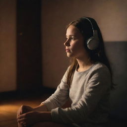 A young girl lost in the rhythm of music, wearing a pair of headphones, sitting in a dimly lit, atmospheric room with ambient light accents.