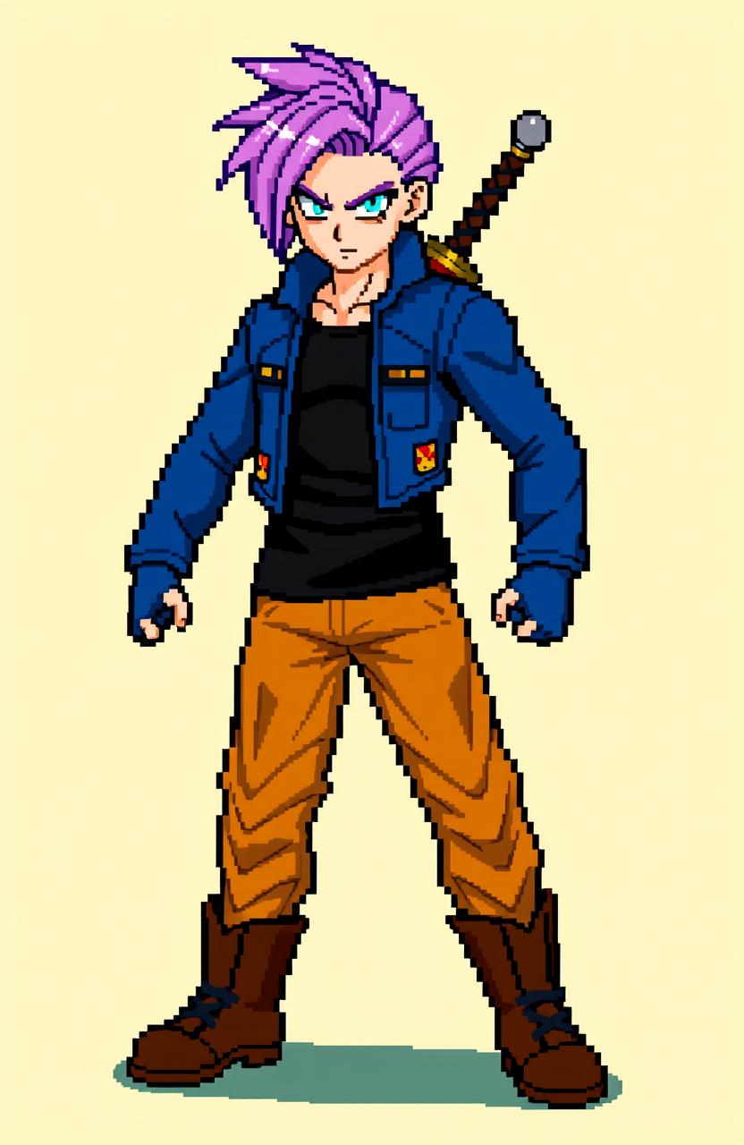 Pixel character sprite of Future Trunks in full body from Dragon Ball Z, capturing his signature purple hair and determined expression