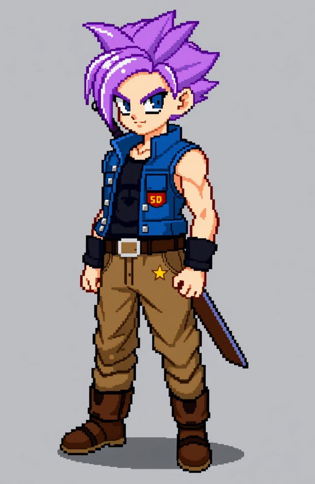 Pixel character sprite of Future Trunks in full body from Dragon Ball Z, capturing his signature purple hair and determined expression