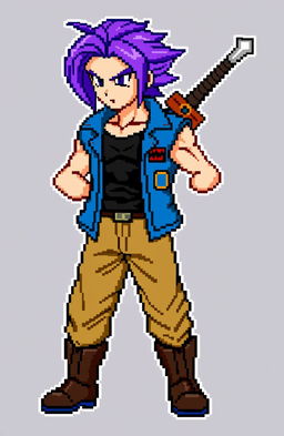 Pixel character sprite of Future Trunks in full body from Dragon Ball Z, capturing his signature purple hair and determined expression