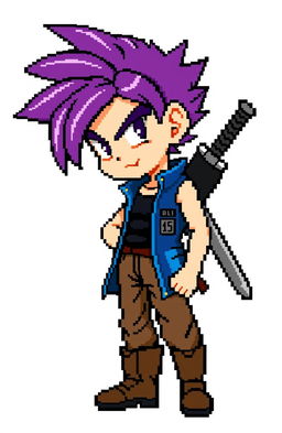 Pixel character sprite of Future Trunks in full body from Dragon Ball Z, capturing his signature purple hair and determined expression