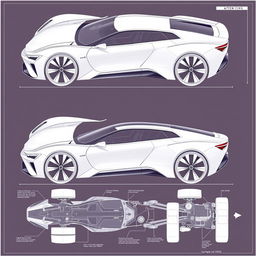 A comprehensive blueprint of a futuristic car concept, featuring views from up, down, left, right, front, and back