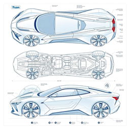 A comprehensive blueprint of a futuristic car concept, featuring views from up, down, left, right, front, and back