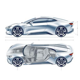 A comprehensive blueprint of a futuristic car concept, featuring views from up, down, left, right, front, and back