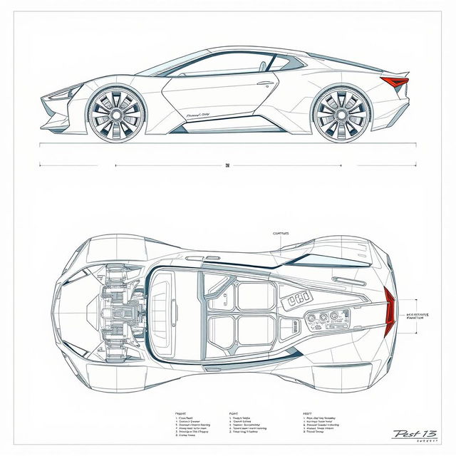 A comprehensive blueprint of a futuristic car concept, featuring views from up, down, left, right, front, and back