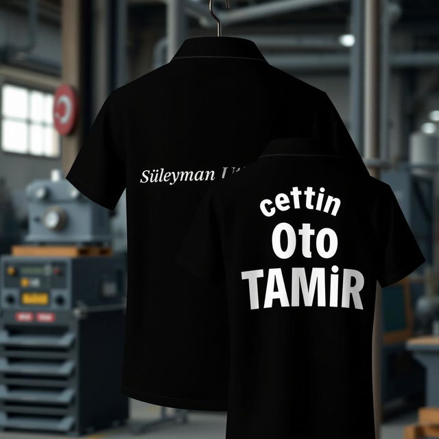 Design a black collared t-shirt with 'Süleyman Usta' printed in a small, discreet size on the upper left front, similar to the size of a football team emblem, ensuring visibility from a distance