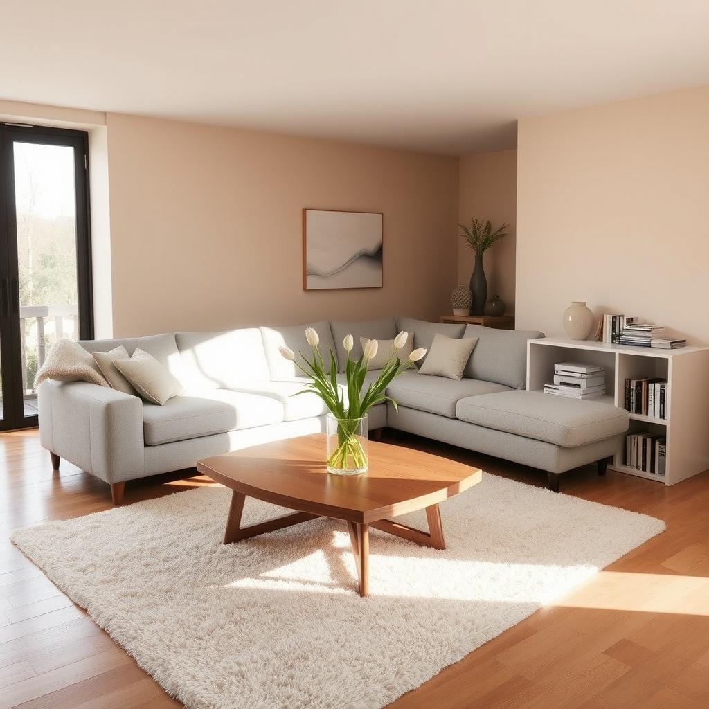 A modern living room with a cozy atmosphere, featuring a large corner sofa in a light gray fabric