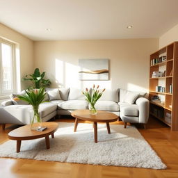 A modern living room with a cozy atmosphere, featuring a large corner sofa in a light gray fabric