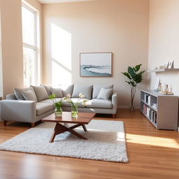 A modern living room with a cozy atmosphere, featuring a large corner sofa in a light gray fabric