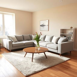 A modern living room with a cozy atmosphere, featuring a large corner sofa in a light gray fabric