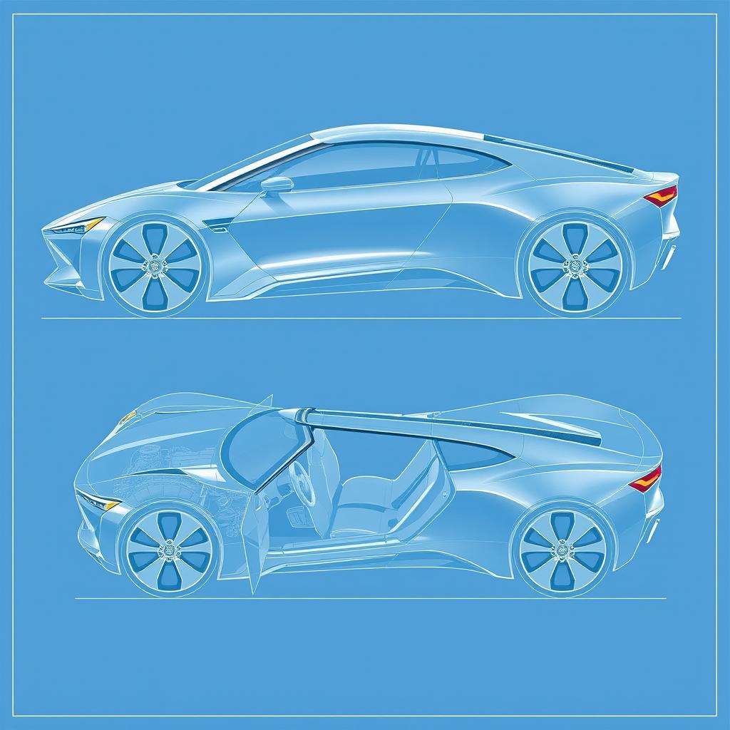 A complete blueprint of an innovative car concept, showcasing all sides: top, bottom, left, right, front, and back