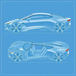 A complete blueprint of an innovative car concept, showcasing all sides: top, bottom, left, right, front, and back