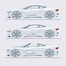 A complete blueprint of an innovative car concept, showcasing all sides: top, bottom, left, right, front, and back