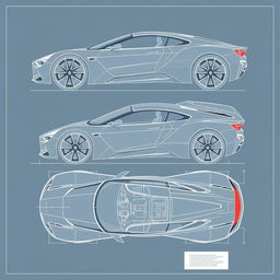 A complete blueprint of an innovative car concept, showcasing all sides: top, bottom, left, right, front, and back