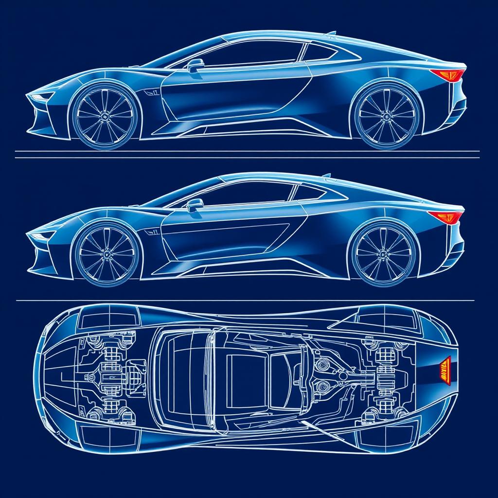 A complete blueprint of an innovative car concept, showcasing all sides: top, bottom, left, right, front, and back