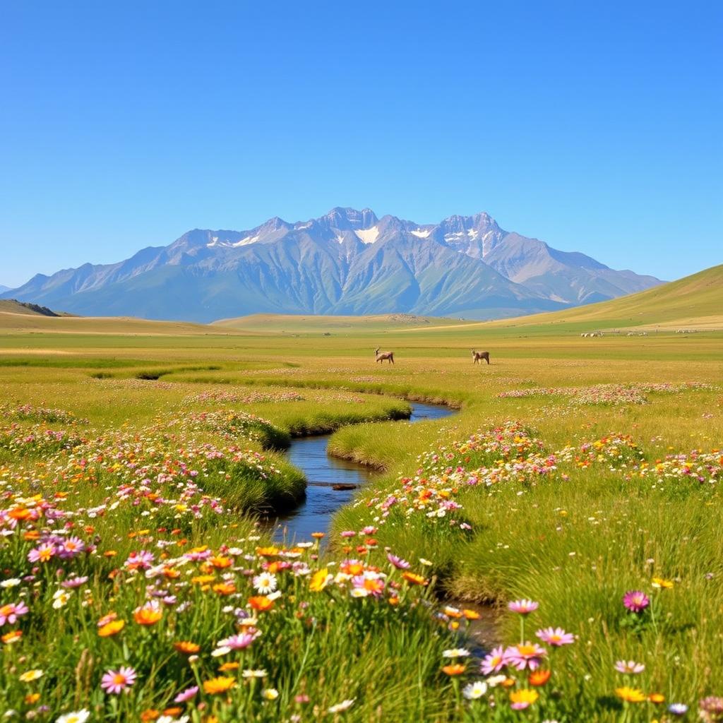 A serene landscape featuring a beautiful, wide-open meadow filled with wildflowers in full bloom