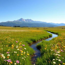 A serene landscape featuring a beautiful, wide-open meadow filled with wildflowers in full bloom