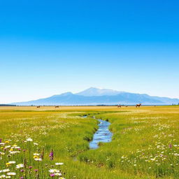 A serene landscape featuring a beautiful, wide-open meadow filled with wildflowers in full bloom