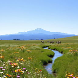 A serene landscape featuring a beautiful, wide-open meadow filled with wildflowers in full bloom