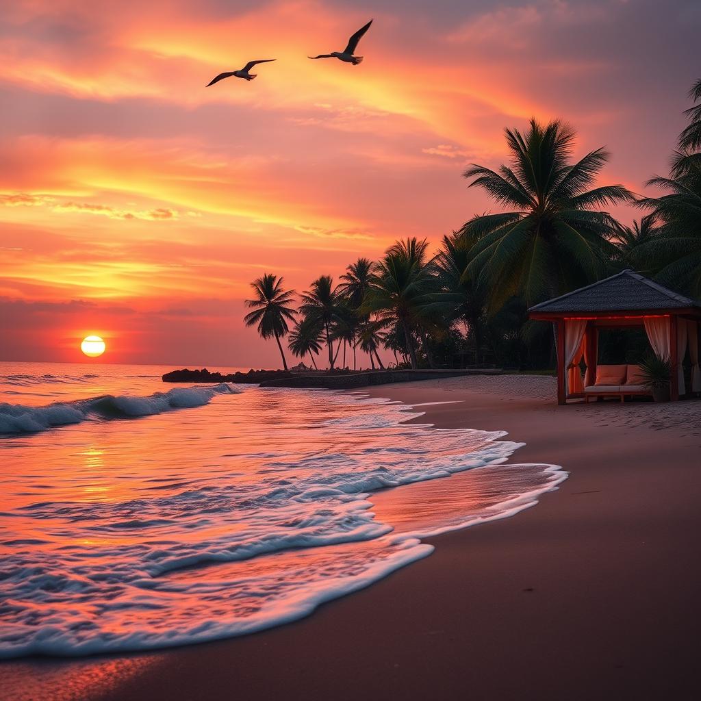 A picturesque beachside landscape at sunset