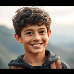 A portrait of an 18-year-old boy with dark brown short curly hair and expressive brown eyes