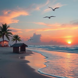 A picturesque beachside landscape at sunset