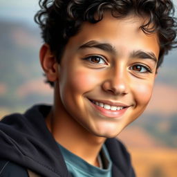 A portrait of an 18-year-old boy with dark brown short curly hair and expressive brown eyes