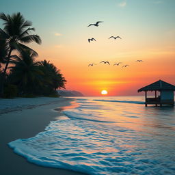 A picturesque beachside landscape at sunset