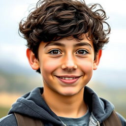 A portrait of an 18-year-old boy with dark brown short curly hair and expressive brown eyes