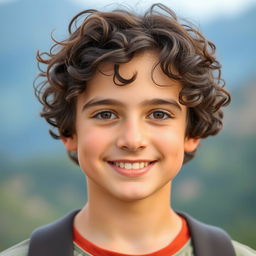 A portrait of an 18-year-old boy with dark brown short curly hair and expressive brown eyes