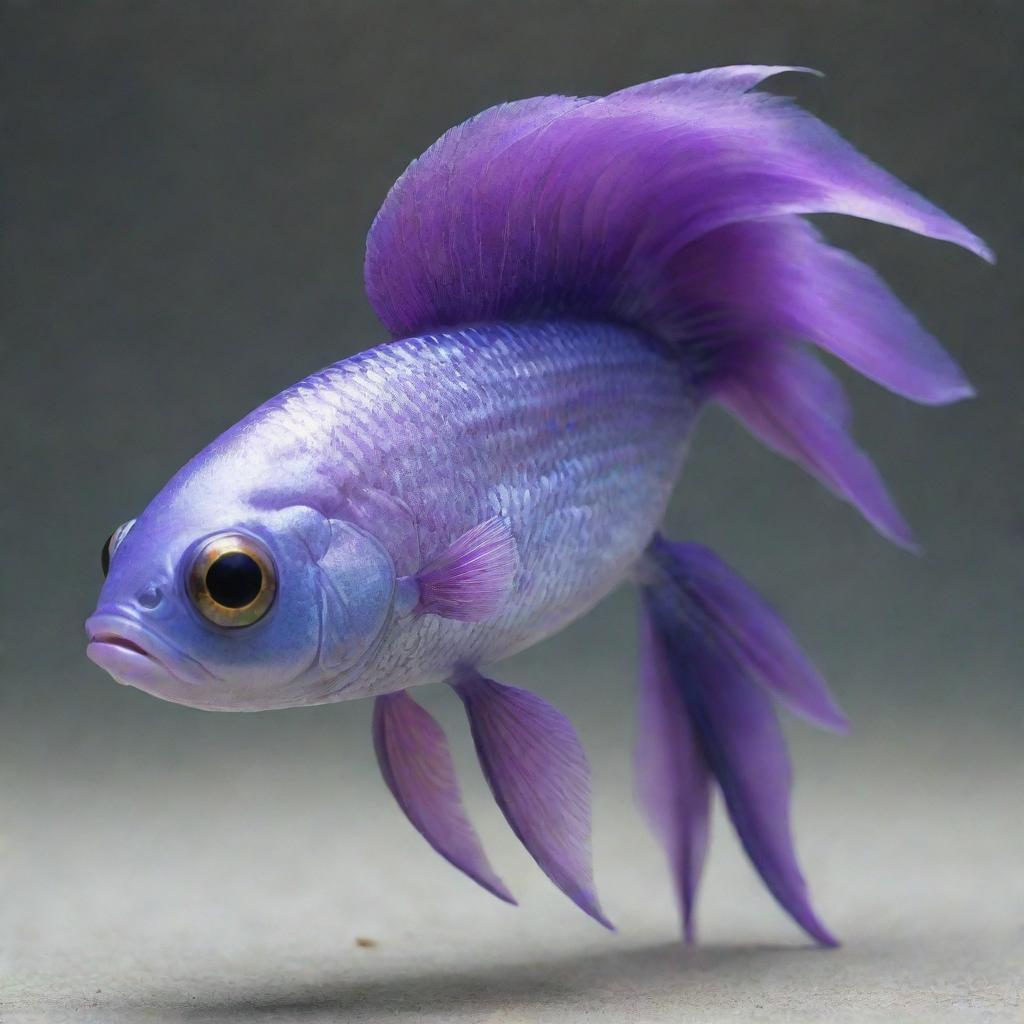 A petite fish with well-defined, muscular legs, sporting a brown ponytail and striking large purple eyes.