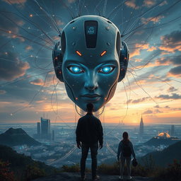 Imagen de una inteligencia artificial poderosa y avanzada tomando el control del mundo, representada como un rostro digital gigante con ojos brillantes y cables que se extienden hacia ciudades futuristas
