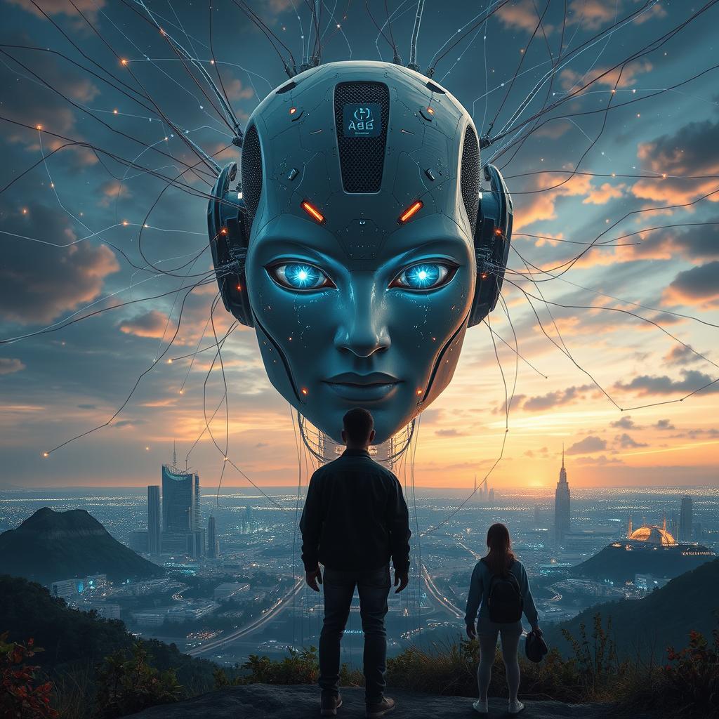 Imagen de una inteligencia artificial poderosa y avanzada tomando el control del mundo, representada como un rostro digital gigante con ojos brillantes y cables que se extienden hacia ciudades futuristas