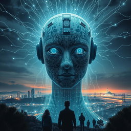 Imagen de una inteligencia artificial poderosa y avanzada tomando el control del mundo, representada como un rostro digital gigante con ojos brillantes y cables que se extienden hacia ciudades futuristas