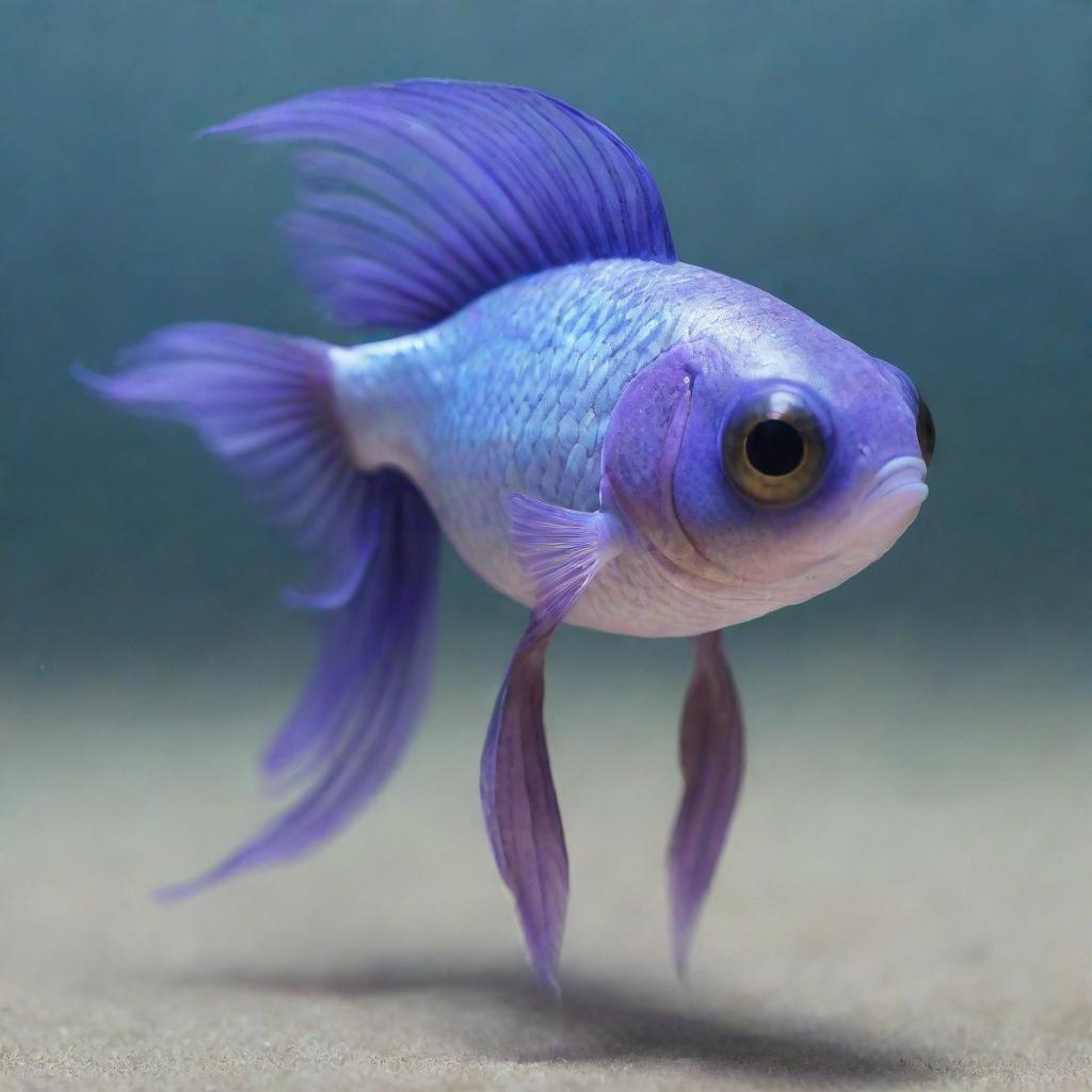 A petite fish with well-defined, muscular legs, sporting a brown ponytail and striking large purple eyes.