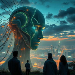Imagen de una inteligencia artificial poderosa y avanzada tomando el control del mundo, representada como un rostro digital gigante con ojos brillantes y cables que se extienden hacia ciudades futuristas