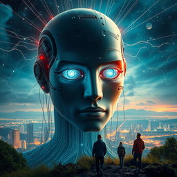 Imagen de una inteligencia artificial poderosa y avanzada tomando el control del mundo, representada como un rostro digital gigante con ojos brillantes y cables que se extienden hacia ciudades futuristas