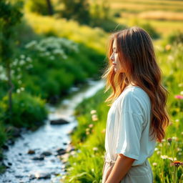 A young woman in a meadow, captured from a respectful side angle, wearing casual summer attire and standing beside a small stream