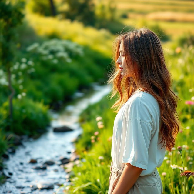 A young woman in a meadow, captured from a respectful side angle, wearing casual summer attire and standing beside a small stream