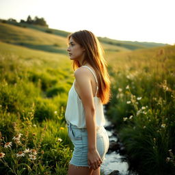 A young woman in a meadow, captured from a respectful side angle, wearing casual summer attire and standing beside a small stream