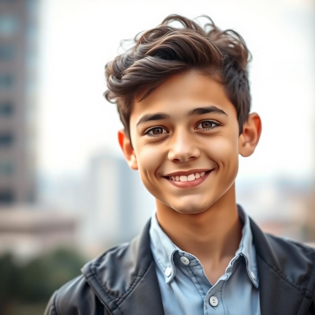 A portrait of an 18-year-old boy with dark brown short curly hair and expressive brown eyes