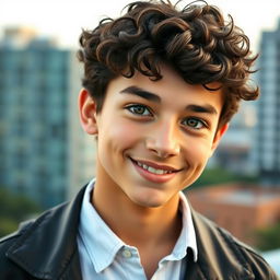 A portrait of an 18-year-old boy with dark brown short curly hair and expressive brown eyes